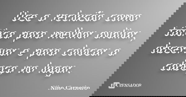 Use a reclusão como tática para melhor avaliar, observar e para colocar a cabeça no lugar.... Frase de Nino Carneiro.