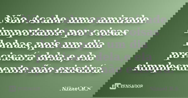 Não Acabe uma amizade importante por coisas bobas,pois um dia precisará dela,e ela simplesmente não existirá.... Frase de Nizael R.S.