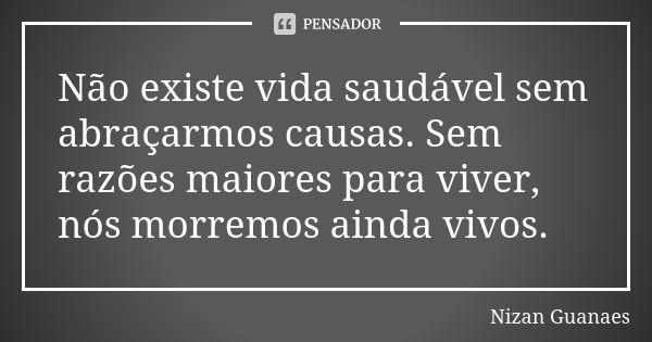 Não existe vida saudável sem abraçarmos causas. Sem razões maiores para viver, nós morremos ainda vivos.... Frase de Nizan Guanaes.