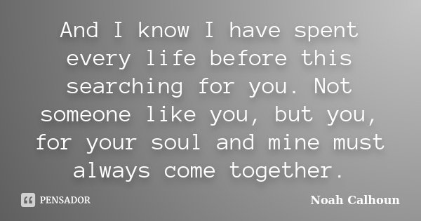 And I know I have spent every life before this searching for you. Not someone like you, but you, for your soul and mine must always come together.... Frase de Noah Calhoun.