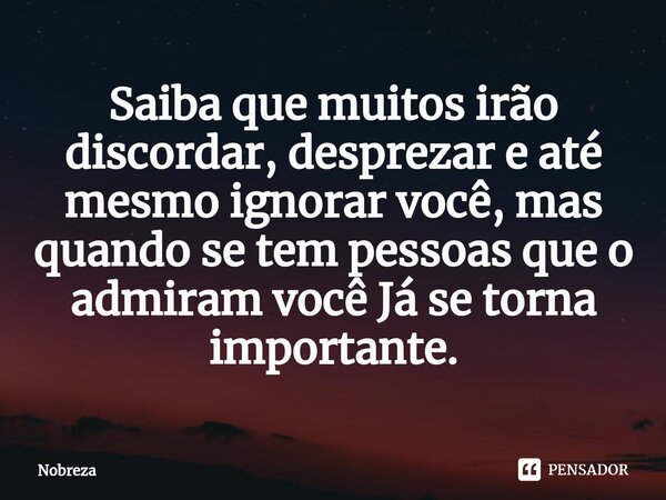 Saiba que muitos irão discordar, desprezar e até mesmo ignorar você, mas quando se tem pessoas que o admiram você Já se torna impor⁠tante.... Frase de Nobreza.