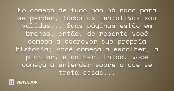 No começo de tudo não há nada para se perder, todas as tentativas são válidas... Suas páginas estão em branco, então, de repente você começa a escrever sua próp