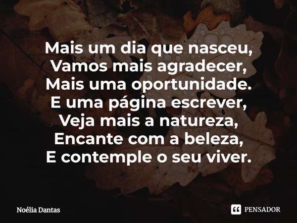⁠Mais um dia que nasceu, Vamos mais agradecer, Mais uma oportunidade. E uma página escrever, Veja mais a natureza, Encante com a beleza, E contemple o seu viver... Frase de Noélia Dantas.