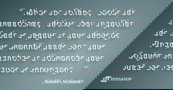 " Abra os olhos, saia do comodismo, deixe teu orgulho de lado e pegue o que deseja. Porque amanhã pode ser que alguém encontre o diamante que você se recus... Frase de Noélle Schmitz.