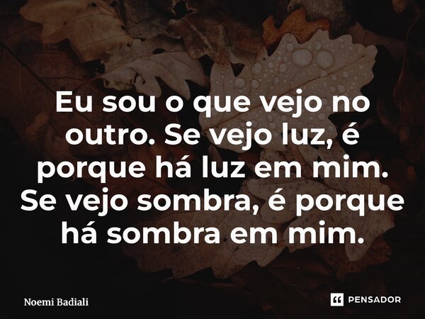 ⁠Eu sou o que vejo no outro. Se vejo luz, é porque há luz em mim. Se vejo sombra, é porque há sombra em mim.... Frase de Noemi Badiali.
