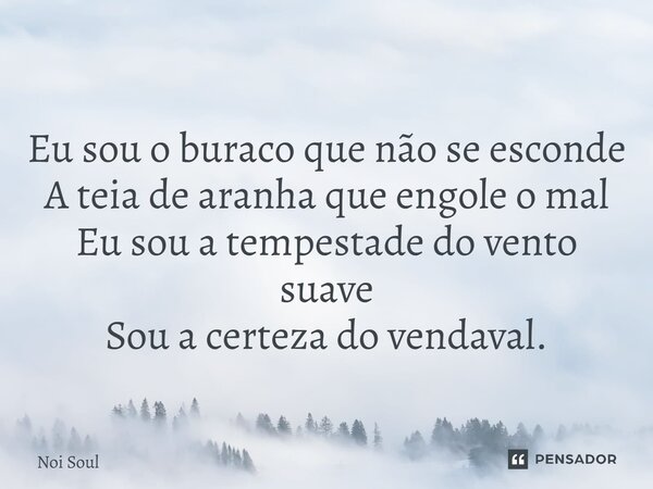 ⁠Eu sou o buraco que não se esconde A teia de aranha que engole o mal Eu sou a tempestade do vento suave Sou a certeza do vendaval.... Frase de Noi Soul.