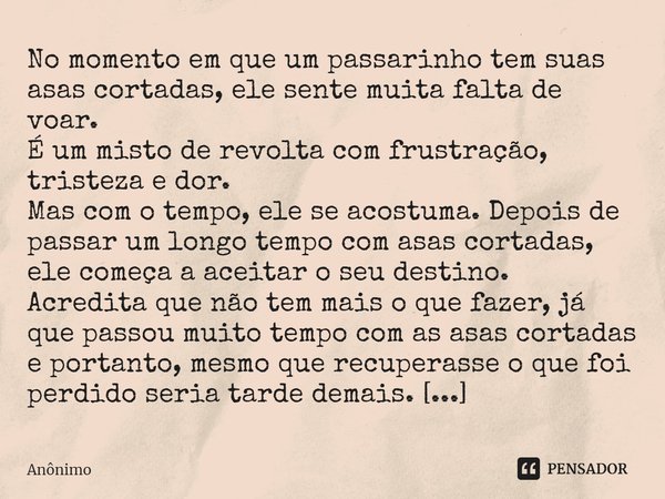 ⁠No momento em que um passarinho tem suas asas cortadas, ele sente muita falta de voar.
É um misto de revolta com frustração, tristeza e dor.
Mas com o tempo, e... Frase de Anônimo.