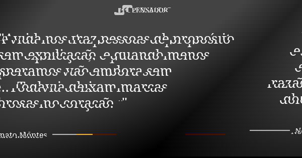 "A vida nos traz pessoas de propósito e sem explicação, e quando menos esperamos vão embora sem razão...Todavia deixam marcas dolorosas no coração."... Frase de Nonato Montes.