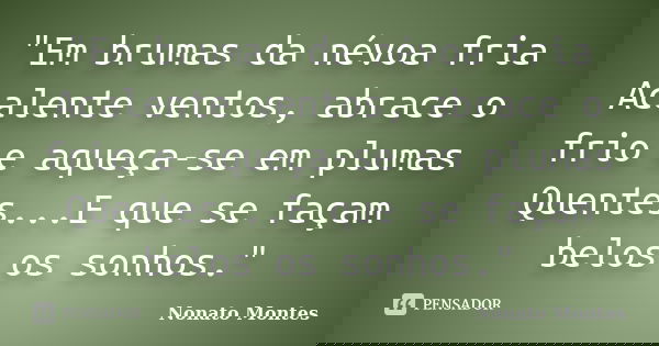 "Em brumas da névoa fria Acalente ventos, abrace o frio e aqueça-se em plumas Quentes...E que se façam belos os sonhos."... Frase de Nonato Montes.