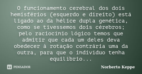 O funcionamento cerebral dos dois hemisférios (esquerdo e direito) está ligado ao da hélice dupla genética, como se tívessemos dois cérebros; pelo raciocínio ló... Frase de Norberto Keppe.