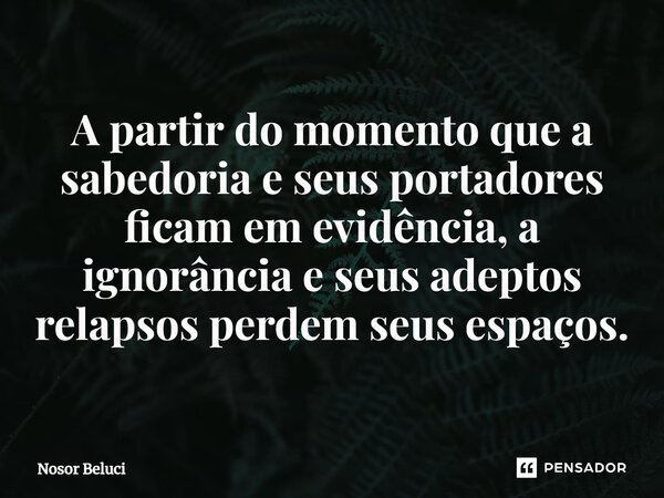 ⁠A partir do momento que a sabedoria e seus portadores ficam em evidência, a ignorância e seus adeptos relapsos perdem seus espaços.... Frase de Nosor Beluci.