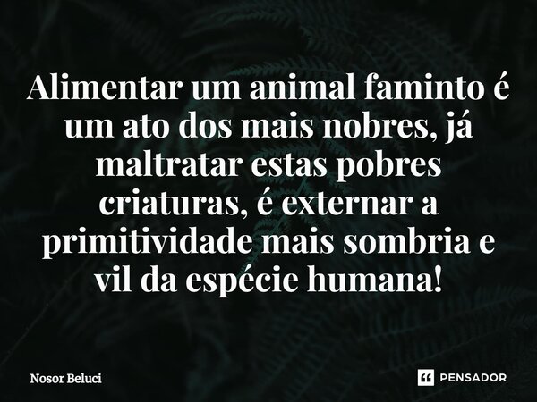 Alimentar um animal faminto é um ato dos mais nobres, já maltratar ⁠estas pobres criaturas, é externar a primitividade mais sombria e vil da espécie humana!... Frase de Nosor Beluci.