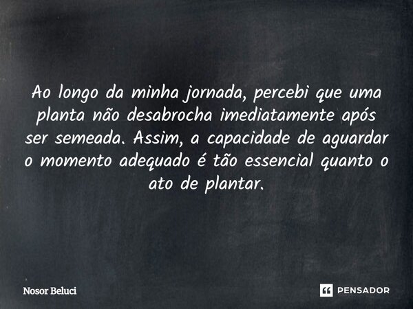 ⁠Ao longo da minha jornada, percebi que uma planta não desabrocha imediatamente após ser semeada. Assim, a capacidade de aguardar o momento adequado é tão essen... Frase de Nosor Beluci.