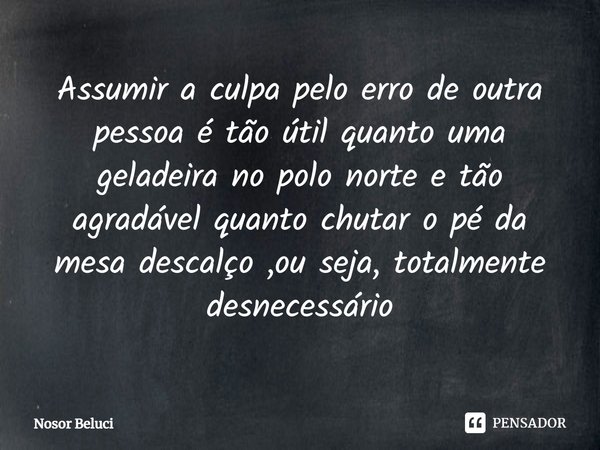 ⁠Assumir a culpa pelo erro de outra pessoa é tão útil quanto uma geladeira no polo norte e tão agradável quanto chutar o pé da mesa descalço ,ou seja, totalment... Frase de Nosor Beluci.