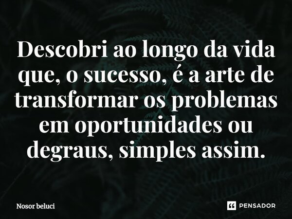 Descobri ao longo da vida que, o sucesso,⁠ é a arte de transformar os problemas em oportunidades ou degraus, simples assim.... Frase de Nosor Beluci.