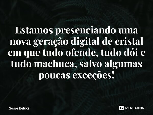 ⁠Estamos presenciando uma nova geração digital de cristal em que tudo ofende, tudo dói e tudo machuca, salvo algumas poucas exceções!... Frase de Nosor Beluci.