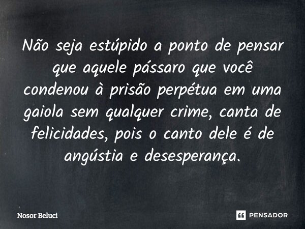 ⁠Não seja estúpido a ponto de pensar que aquele pássaro que você condenou à prisão perpétua em uma gaiola sem qualquer crime, canta de felicidades, pois o canto... Frase de Nosor Beluci.