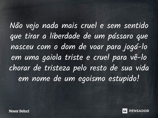 Não vejo nada mais cruel e sem sentido que tirar a liberdade de um pássaro que nasceu com o dom de voar para jogá-lo em uma gaiola triste e cruel para vê-lo ch... Frase de Nosor Beluci.
