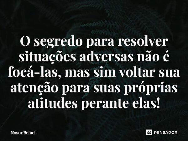 O segredo para resolver situações adversas não é focá-las, mas sim voltar sua atenção para suas próprias atitudes perante elas!... Frase de Nosor Beluci.