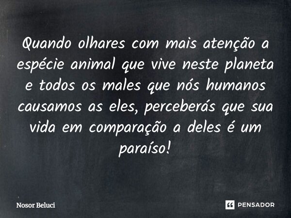 ⁠Quando olhares com mais atenção a espécie animal que vive neste planeta e todos os males que nós humanos causamos as eles, perceberás que sua vida em comparaçã... Frase de Nosor Beluci.