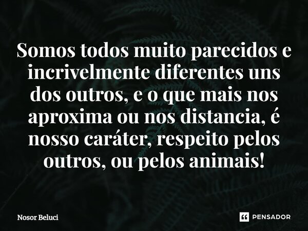 ⁠Somos todos muito parecidos e incrivelmente diferentes uns dos outros, e o que mais nos aproxima ou nos distancia, é nosso caráter, respeito pelos outros, ou p... Frase de Nosor Beluci.