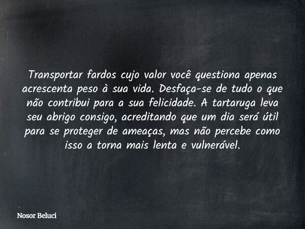 Transportar fardos cujo valor você questiona apenas acrescenta peso à sua vida. Desfaça-se de tudo o que não contribui para a sua felicidade. A tartaruga leva s... Frase de Nosor Beluci.