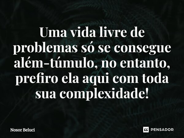 Uma vida livre de problemas só se consegue além-túmulo, no entanto, prefiro ela aqui com toda sua complexidade!... Frase de Nosor Beluci.