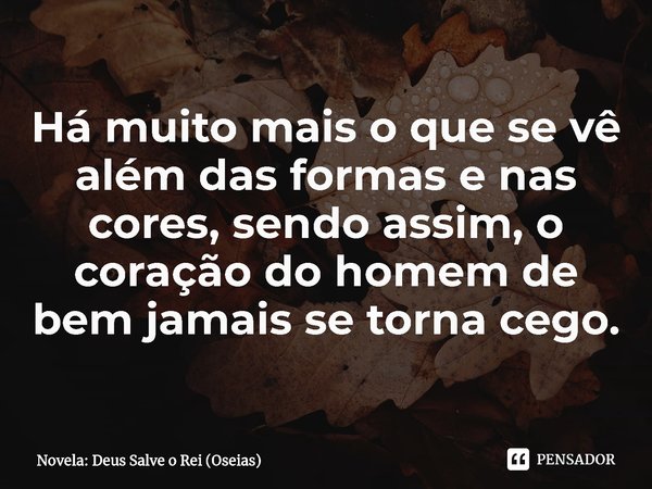 ⁠Há muito mais o que se vê além das formas e nas cores, sendo assim, o coração do homem de bem jamais se torna cego.... Frase de Novela: Deus Salve o Rei (Oseias).