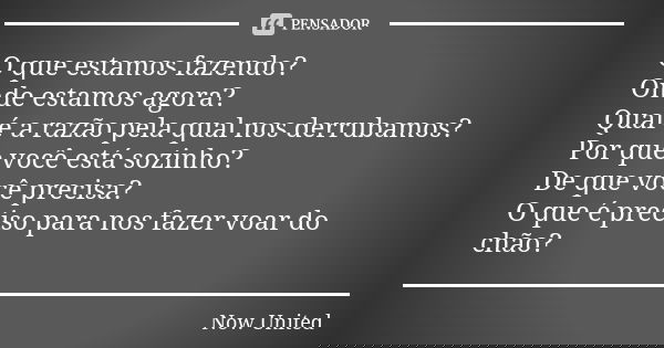 O que estamos fazendo?
Onde estamos agora?
Qual é a razão pela qual nos derrubamos?
Por que você está sozinho?
De que você precisa?
O que é preciso para nos faz... Frase de Now United.