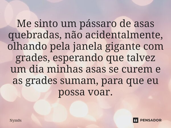 ⁠Me sinto um pássaro de asas quebradas, não acidentalmente, olhando pela janela gigante com grades, esperando que talvez um dia minhas asas se curem e as grades... Frase de Nym0s.