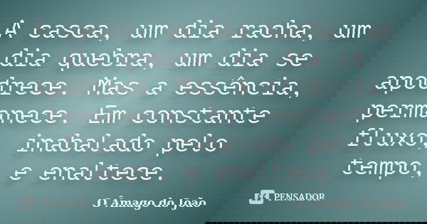 A casca, um dia racha, um dia quebra, um dia se apodrece. Mas a essência, permanece. Em constante fluxo, inabalado pelo tempo, e enaltece.... Frase de O Âmago do João.