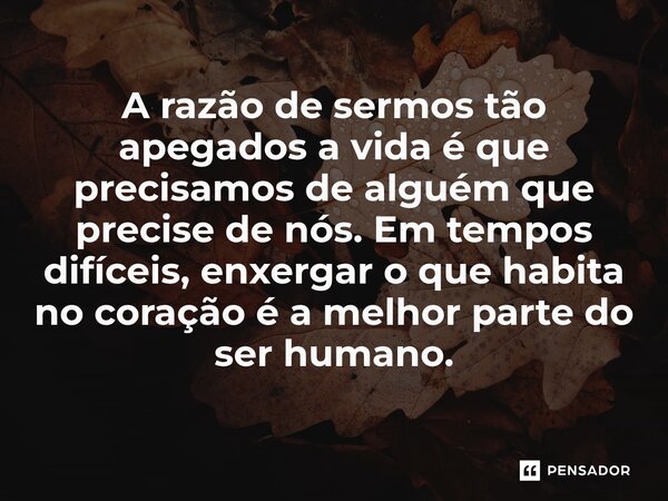 ⁠A razão de sermos tão apegados a vida é que precisamos de alguém que precise de nós. Em tempos difíceis, enxergar o que habita no coração é a melhor parte do s... Frase de O apanhador de nuvens de algodão.