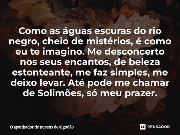 ⁠Como as águas escuras do rio negro, cheio de mistérios, é como eu te imagino. Me desconcerto nos seus encantos, de beleza estonteante, me faz simples, me deixo... Frase de O apanhador de nuvens de algodão.
