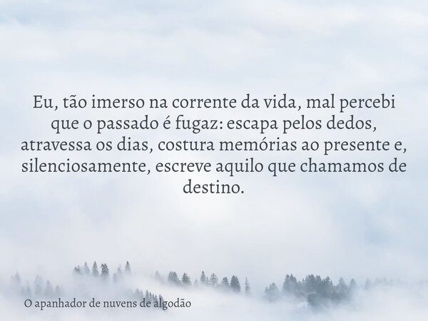 Eu, tão imerso na corrente da vida, mal percebi que o passado é fugaz: escapa pelos dedos, atravessa os dias, costura memórias ao presente e, silenciosamente, e... Frase de O apanhador de nuvens de algodão.