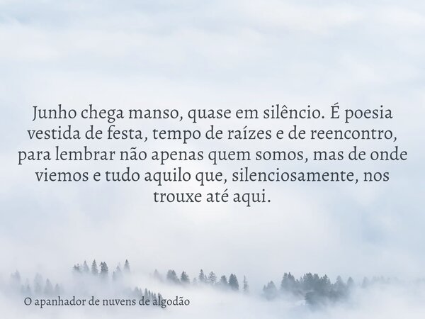 Junho chega manso, quase em silêncio. É poesia vestida de festa, tempo de raízes e de reencontro, para lembrar não apenas quem somos, mas de onde viemos e tudo ... Frase de O apanhador de nuvens de algodão.