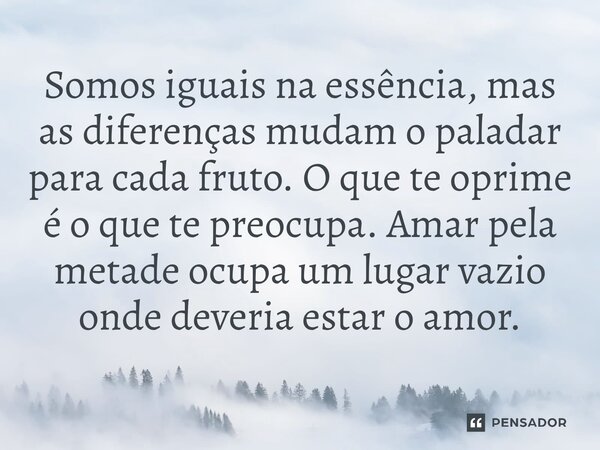 ⁠Somos iguais na essência, mas as diferenças mudam o paladar para cada fruto. O que te oprime é o que te preocupa. Amar pela metade ocupa um lugar vazio onde de... Frase de O apanhador de nuvens de algodão.