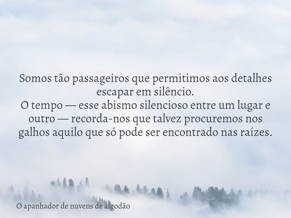 Somos tão passageiros que permitimos aos detalhes escapar em silêncio. O tempo — esse abismo silencioso entre um lugar e outro — recorda-nos que talvez procurem... Frase de O apanhador de nuvens de algodão.