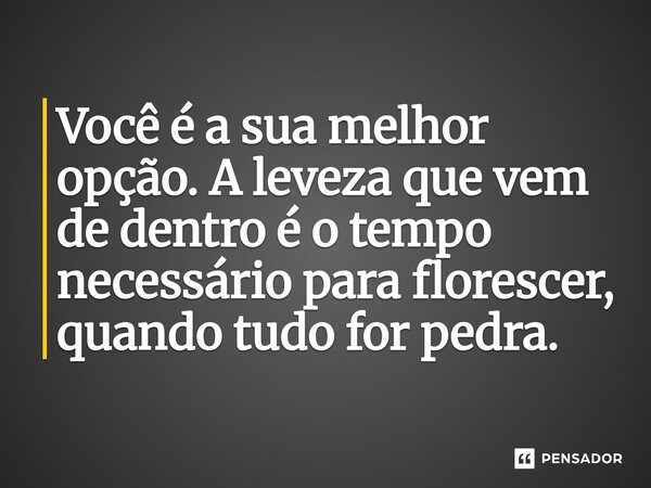 ⁠Você é a sua melhor opção. A leveza que vem de dentro é o tempo necessário para florescer, quando tudo for pedra.... Frase de O apanhador de nuvens de algodão.
