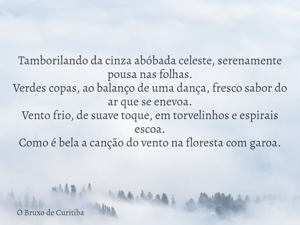 Tamborilando da cinza abóbada celeste, serenamente pousa nas folhas. Verdes copas, ao balanço de uma dança, fresco sabor do ar que se enevoa. Vento frio, de sua... Frase de O Bruxo de Curitiba.