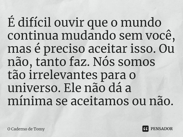 ⁠É difícil ouvir que o mundo continua mudando sem você, mas é preciso aceitar isso. Ou não, tanto faz. Nós somos tão irrelevantes para o universo. Ele não dá a ... Frase de O Caderno de Tomy.