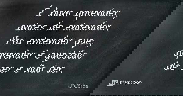 É bom aprender, antes de entender. Pra entender que, aprender é questão de ser e não ter.... Frase de O Cefas.