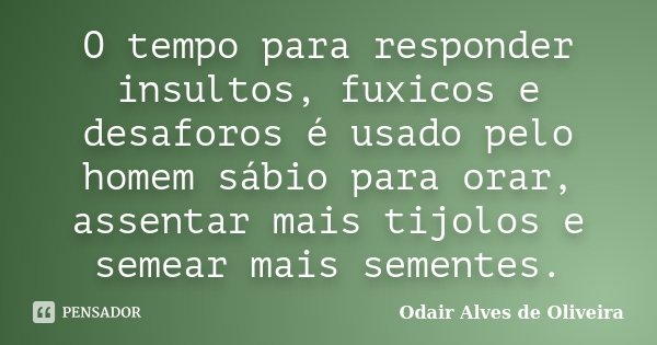 O tempo para responder insultos, fuxicos e desaforos é usado pelo homem sábio para orar, assentar mais tijolos e semear mais sementes.... Frase de Odair Alves de Oliveira.