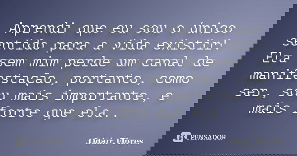 Aprendi que eu sou o único sentido para a vida existir! Ela sem mim perde um canal de manifestação, portanto, como ser, sou mais importante, e mais forte que el... Frase de odair flores.