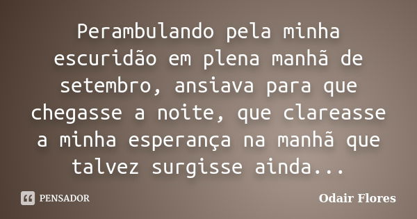 Perambulando pela minha escuridão em plena manhã de setembro, ansiava para que chegasse a noite, que clareasse a minha esperança na manhã que talvez surgisse ai... Frase de odair flores.