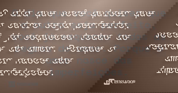 O dia que você quiser que o outro seja perfeito, você já esqueceu todas as regras do amor. Porque o amor nasce das imperfeições.