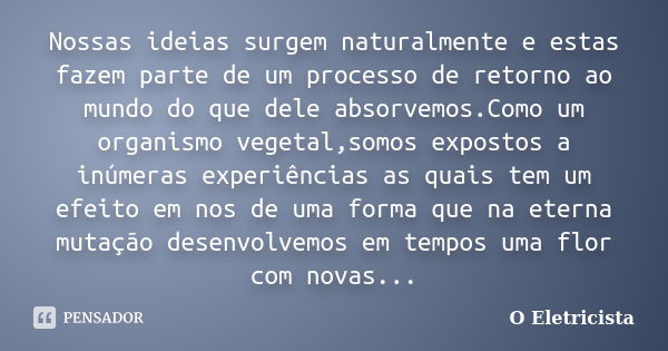 Nossas ideias surgem naturalmente e estas fazem parte de um processo de retorno ao mundo do que dele absorvemos.Como um organismo vegetal,somos expostos a inúme... Frase de O Eletricista.