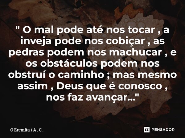 ⁠" O mal pode até nos tocar , a inveja pode nos cobiçar , as pedras podem nos machucar , e os obstáculos podem nos obstruí o caminho ; mas mesmo assim , De... Frase de O Eremita  A . C ..