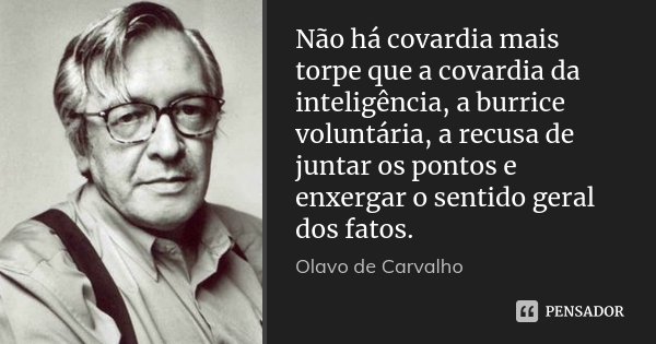Não há covardia mais torpe que a covardia da inteligência, a burrice voluntária, a recusa de juntar os pontos e enxergar o sentido geral dos fatos.... Frase de Olavo de Carvalho.