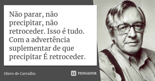 Não parar, não precipitar, não retroceder. Isso é tudo. Com a advertência suplementar de que precipitar É retroceder.... Frase de Olavo de Carvalho.