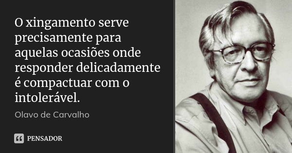 O xingamento serve precisamente para aquelas ocasiões onde responder delicadamente é compactuar com o intolerável.... Frase de Olavo de Carvalho.